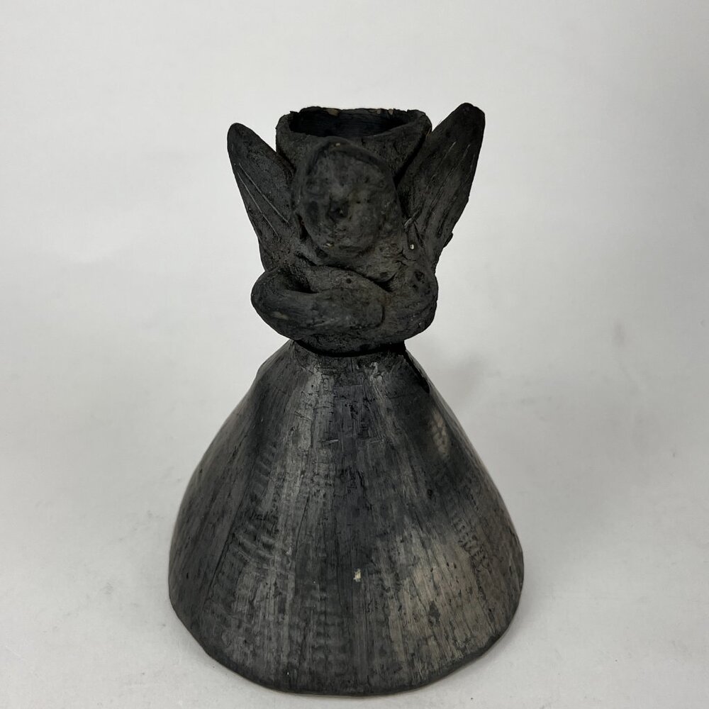 Vtg Angel Bell Candlestick Holder Oaxaca Mexico Black Clay Folk Art Primitive
